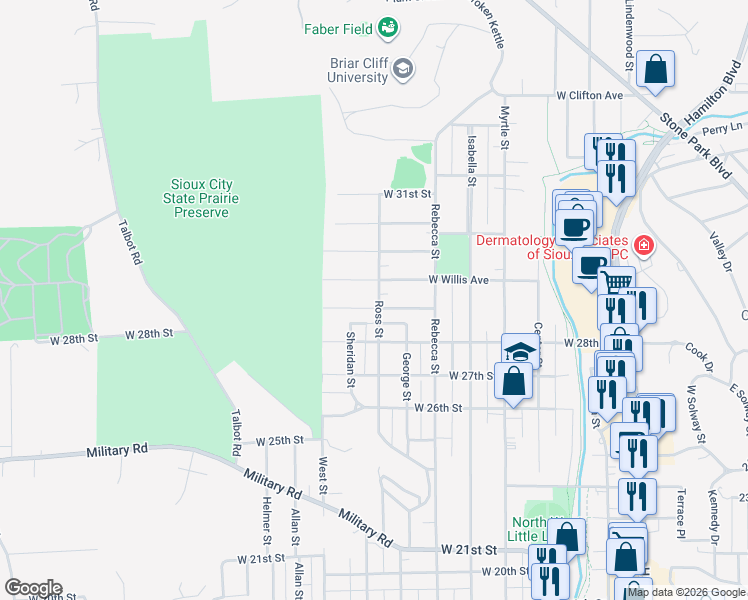 map of restaurants, bars, coffee shops, grocery stores, and more near 1616 West Willis Avenue in Sioux City