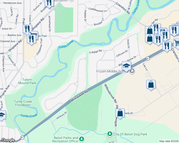 map of restaurants, bars, coffee shops, grocery stores, and more near 1700 Morgan Terrace in Beloit