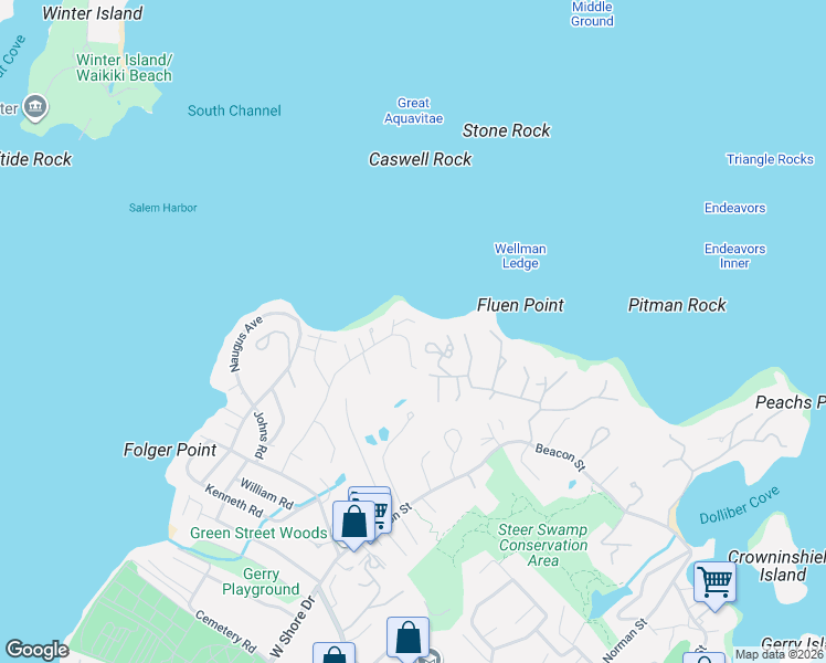 map of restaurants, bars, coffee shops, grocery stores, and more near 52 Cloutmans Lane in Marblehead