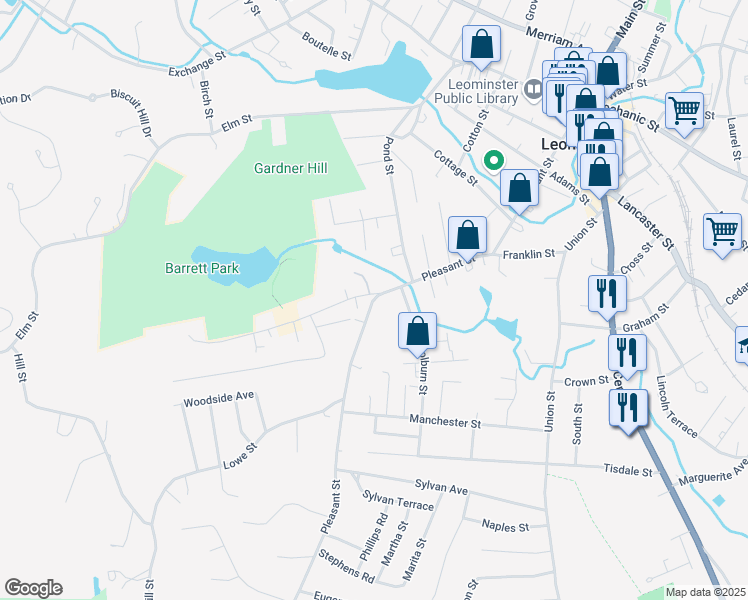 map of restaurants, bars, coffee shops, grocery stores, and more near 266 Pleasant Street in Leominster