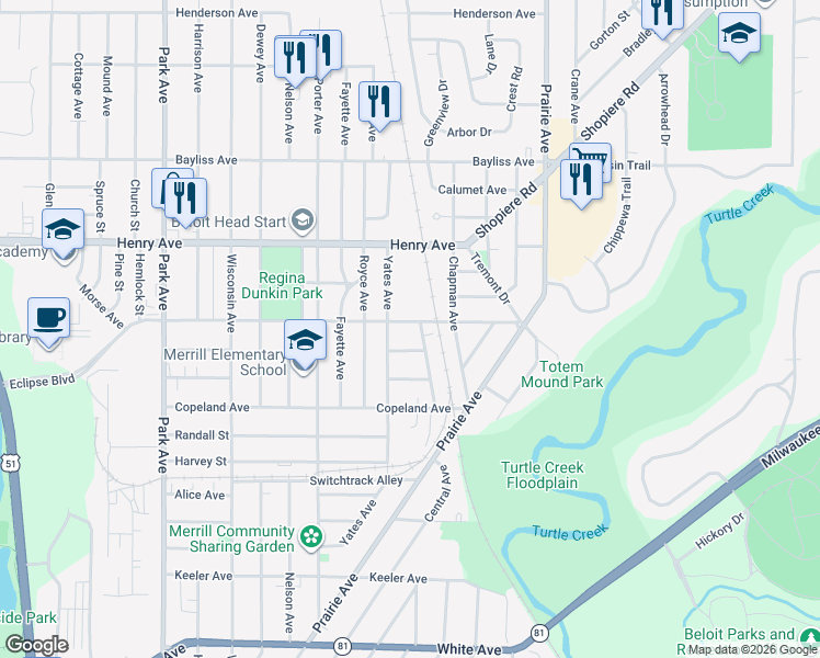 map of restaurants, bars, coffee shops, grocery stores, and more near 1681 Yates Avenue in Beloit