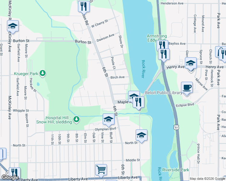 map of restaurants, bars, coffee shops, grocery stores, and more near 256 Chestnut Avenue in Beloit