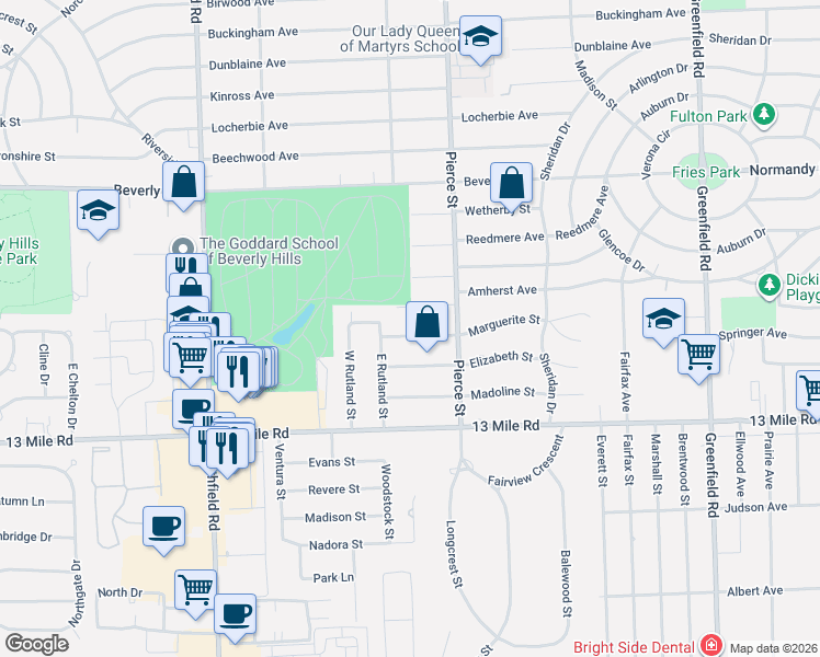map of restaurants, bars, coffee shops, grocery stores, and more near 16997 Georgina Street in Beverly Hills