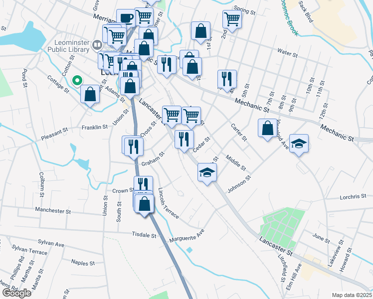 map of restaurants, bars, coffee shops, grocery stores, and more near 130 Lancaster Street in Leominster