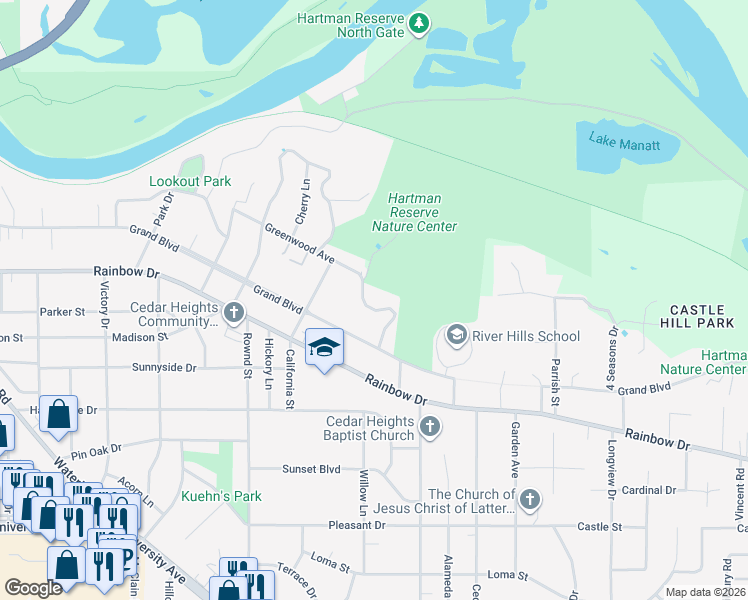 map of restaurants, bars, coffee shops, grocery stores, and more near 2524 Timber Drive in Cedar Falls