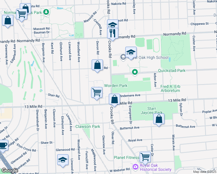 map of restaurants, bars, coffee shops, grocery stores, and more near 3435 Crooks Road in Royal Oak