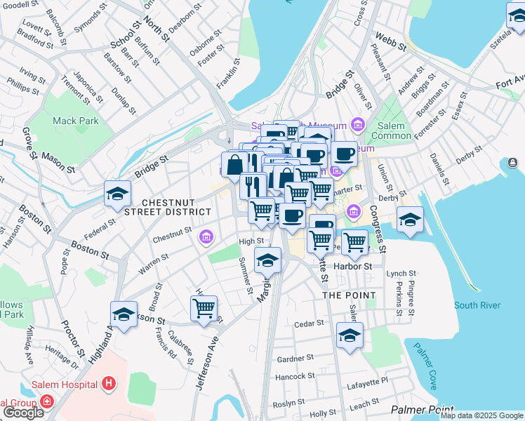 map of restaurants, bars, coffee shops, grocery stores, and more near 15 Crombie Street in Salem