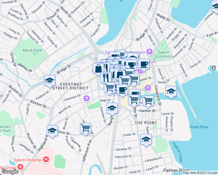 map of restaurants, bars, coffee shops, grocery stores, and more near 15 Crombie Street in Salem