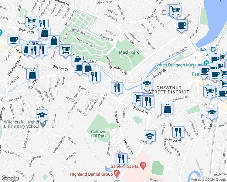map of restaurants, bars, coffee shops, grocery stores, and more near 92 Boston Street in Salem