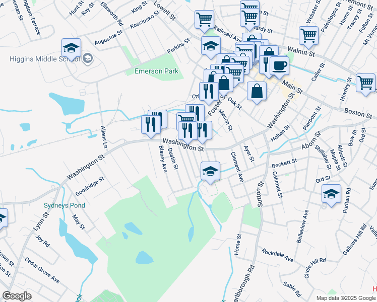 map of restaurants, bars, coffee shops, grocery stores, and more near 153 Washington Street in Peabody