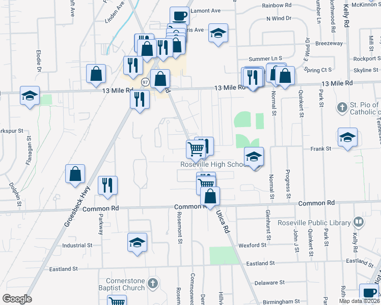 map of restaurants, bars, coffee shops, grocery stores, and more near 30521 Utica Road in Roseville