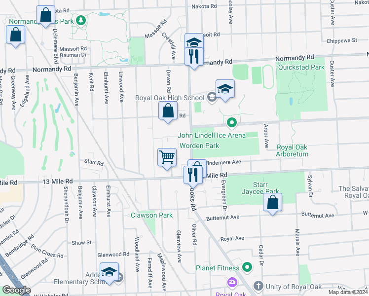 map of restaurants, bars, coffee shops, grocery stores, and more near 3435 Crooks Road in Royal Oak