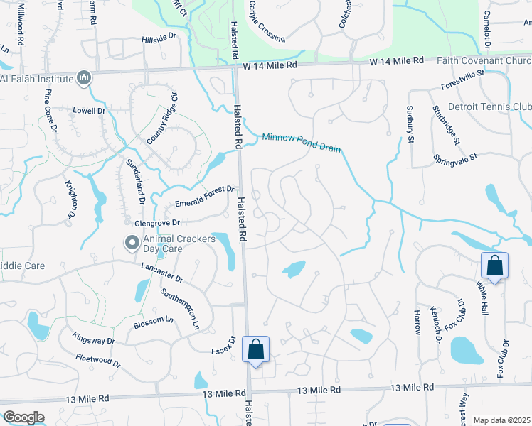 map of restaurants, bars, coffee shops, grocery stores, and more near 30550 Hazelwood Court in Farmington Hills