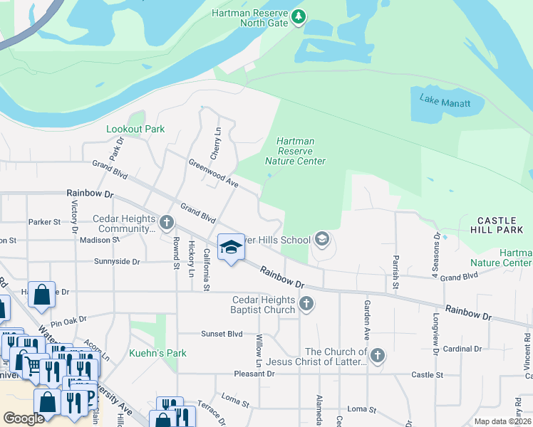 map of restaurants, bars, coffee shops, grocery stores, and more near 2524 Timber Drive in Cedar Falls