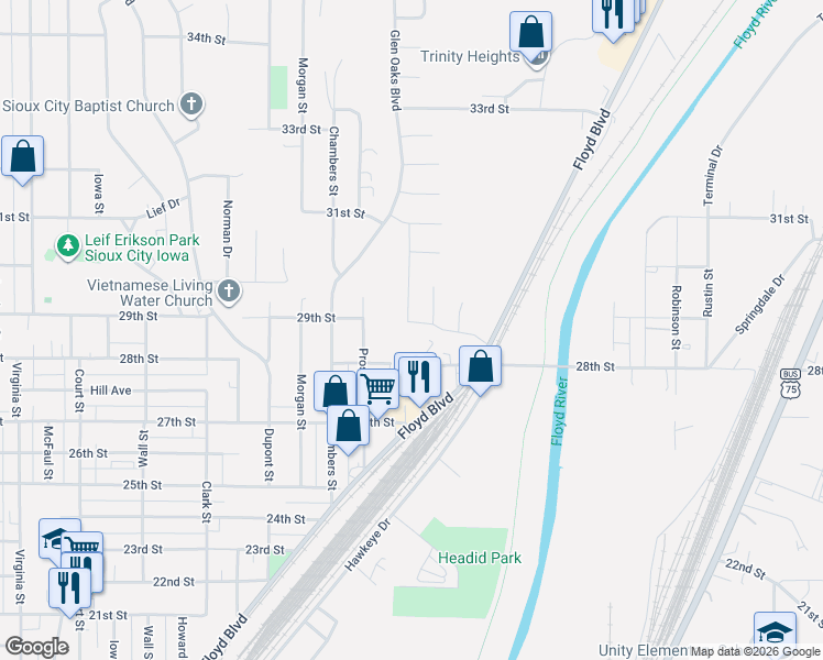 map of restaurants, bars, coffee shops, grocery stores, and more near 2201 28th Street in Sioux City