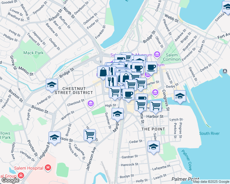 map of restaurants, bars, coffee shops, grocery stores, and more near 15 Crombie Street in Salem