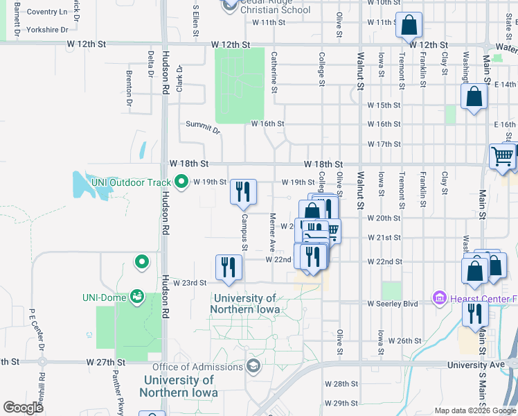 map of restaurants, bars, coffee shops, grocery stores, and more near 1215 West 20th Street in Cedar Falls