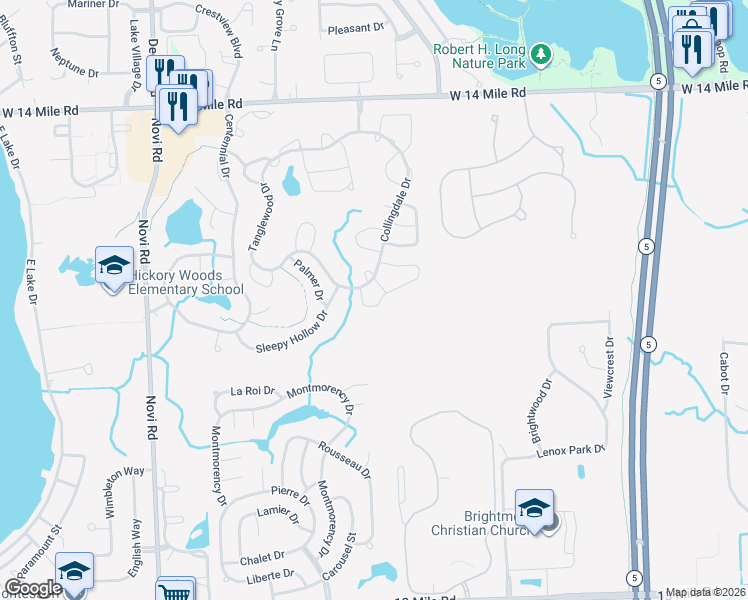 map of restaurants, bars, coffee shops, grocery stores, and more near 41306 Cornell Drive in Novi