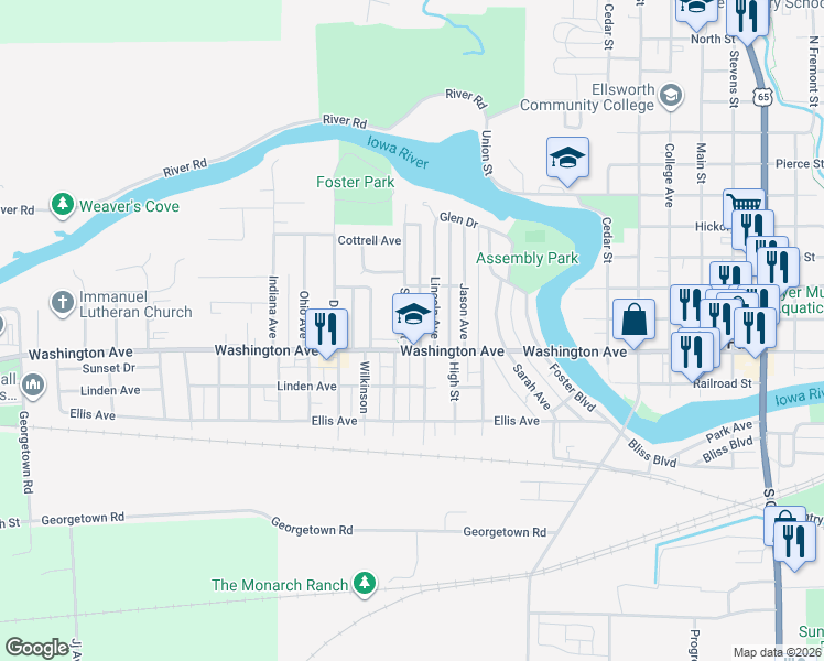 map of restaurants, bars, coffee shops, grocery stores, and more near 325 Lincoln Avenue in Iowa Falls