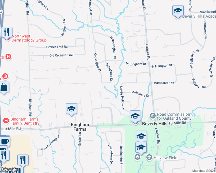 map of restaurants, bars, coffee shops, grocery stores, and more near 31646 Robinhood Drive in Beverly Hills