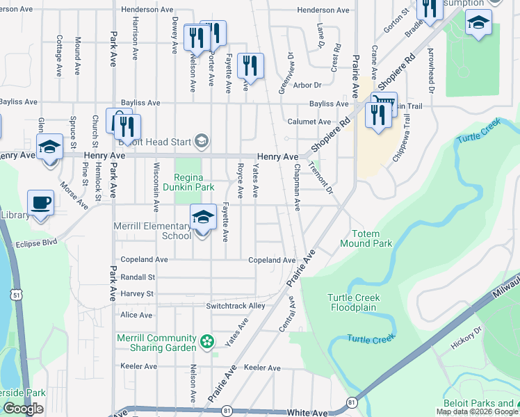 map of restaurants, bars, coffee shops, grocery stores, and more near 1681 Yates Avenue in Beloit