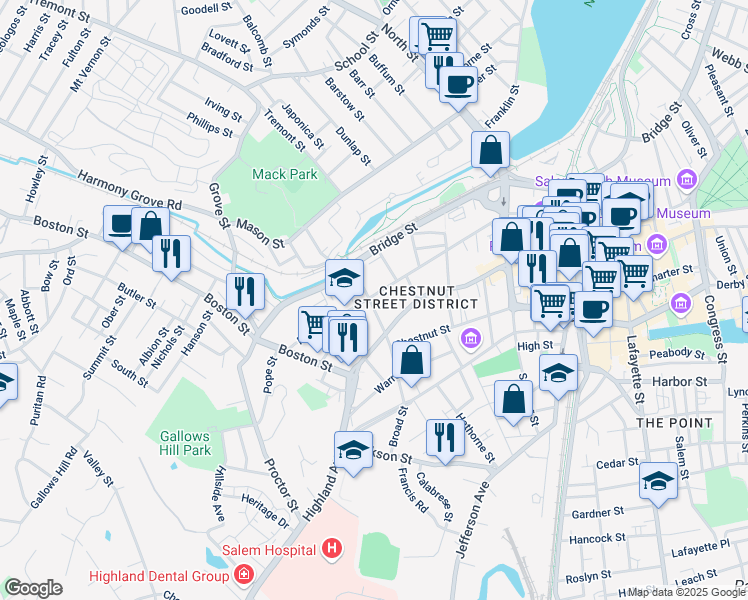 map of restaurants, bars, coffee shops, grocery stores, and more near 145 Federal Street in Salem