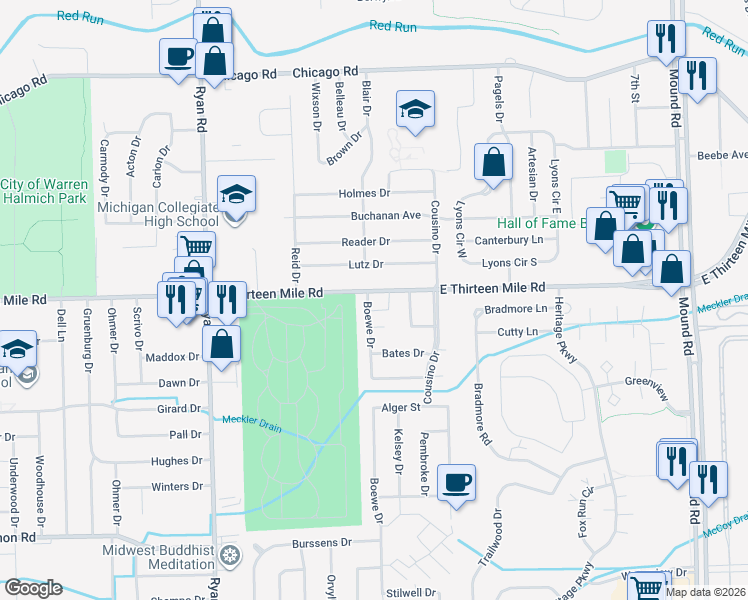 map of restaurants, bars, coffee shops, grocery stores, and more near 4670 East Thirteen Mile Road in Warren