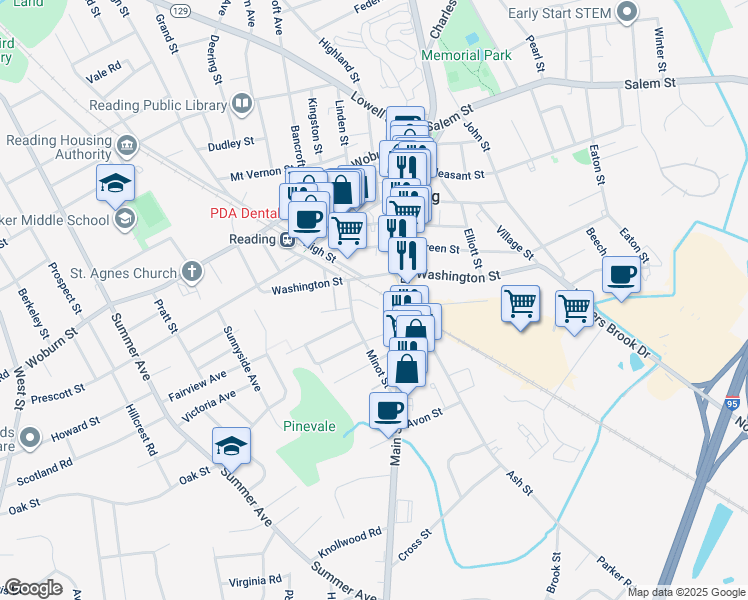 map of restaurants, bars, coffee shops, grocery stores, and more near 14 Crosby Road in Reading