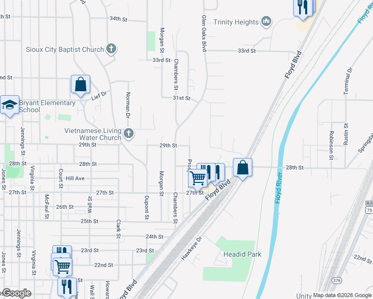 map of restaurants, bars, coffee shops, grocery stores, and more near 1911 29th Street in Sioux City