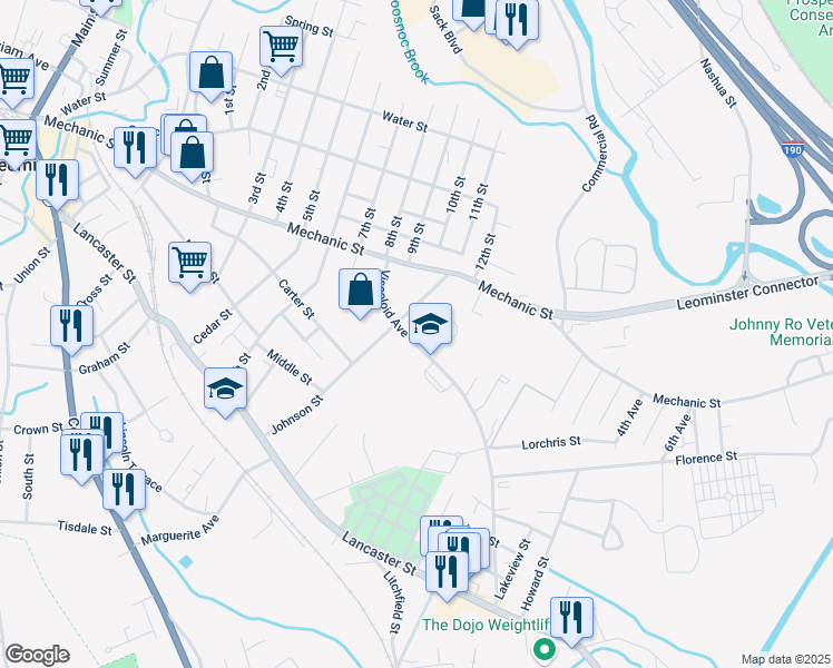map of restaurants, bars, coffee shops, grocery stores, and more near 74 Viscoloid Avenue in Leominster