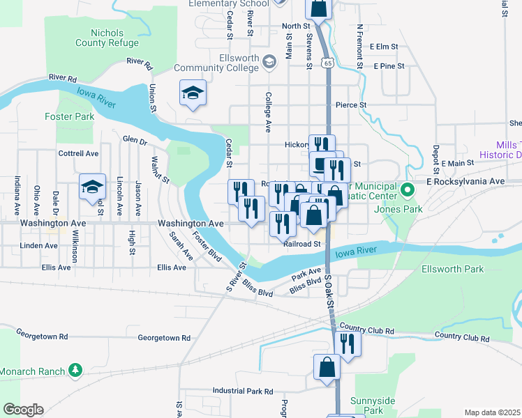 map of restaurants, bars, coffee shops, grocery stores, and more near 809 Estes St in Iowa Falls