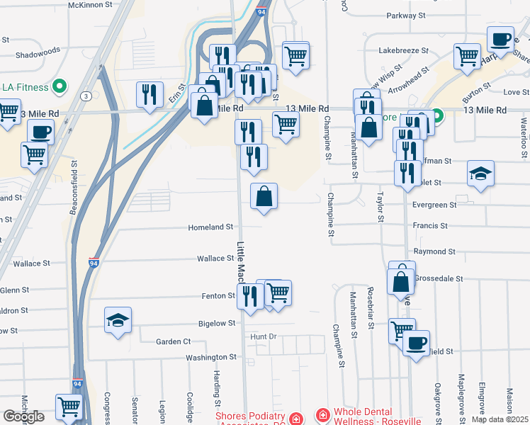 map of restaurants, bars, coffee shops, grocery stores, and more near 30500 Little Mack Avenue in Roseville