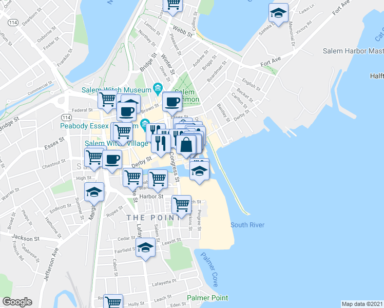 map of restaurants, bars, coffee shops, grocery stores, and more near 57 Wharf Street in Salem