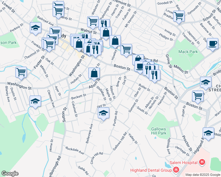 map of restaurants, bars, coffee shops, grocery stores, and more near 14 Beacon Street in Peabody