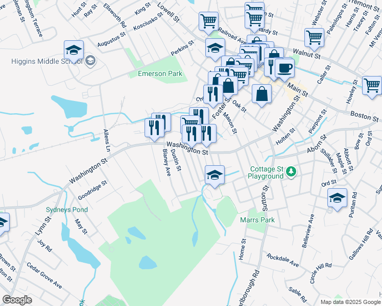 map of restaurants, bars, coffee shops, grocery stores, and more near 153 Washington Street in Peabody