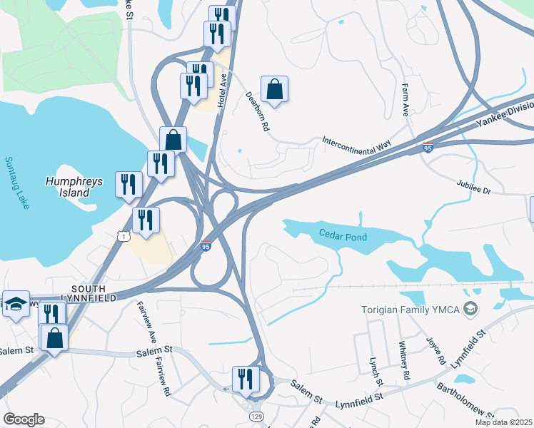map of restaurants, bars, coffee shops, grocery stores, and more near 7 Silver Leaf Way in Peabody