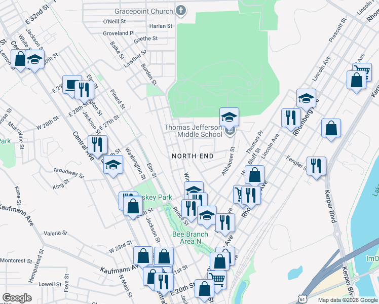 map of restaurants, bars, coffee shops, grocery stores, and more near 2523 Stafford Street in Dubuque