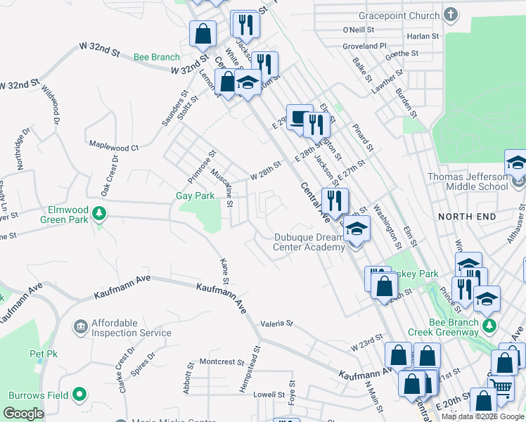 map of restaurants, bars, coffee shops, grocery stores, and more near 2725 Pleasant View Drive in Dubuque