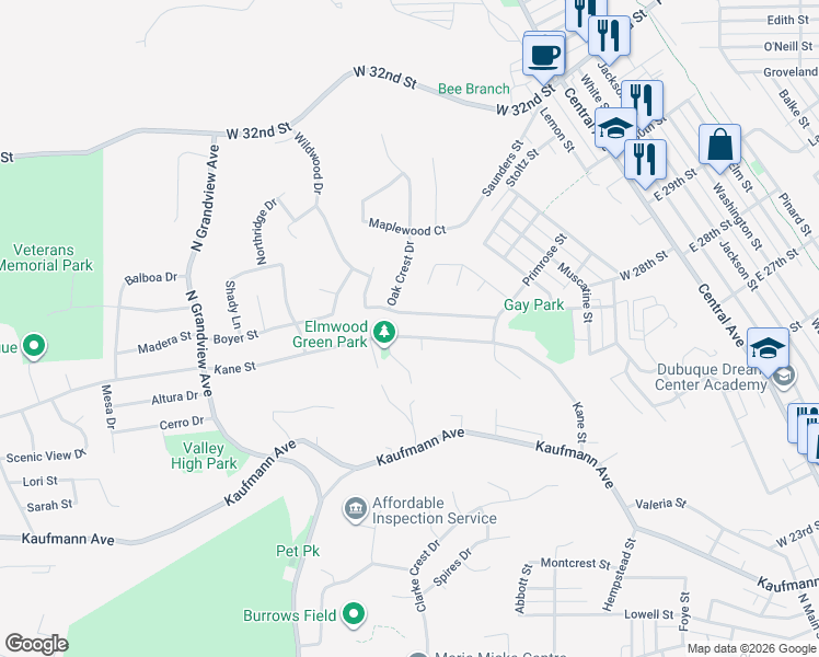 map of restaurants, bars, coffee shops, grocery stores, and more near 804 Berkley Pl in Dubuque