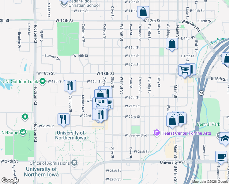 map of restaurants, bars, coffee shops, grocery stores, and more near 1925 Walnut Street in Cedar Falls
