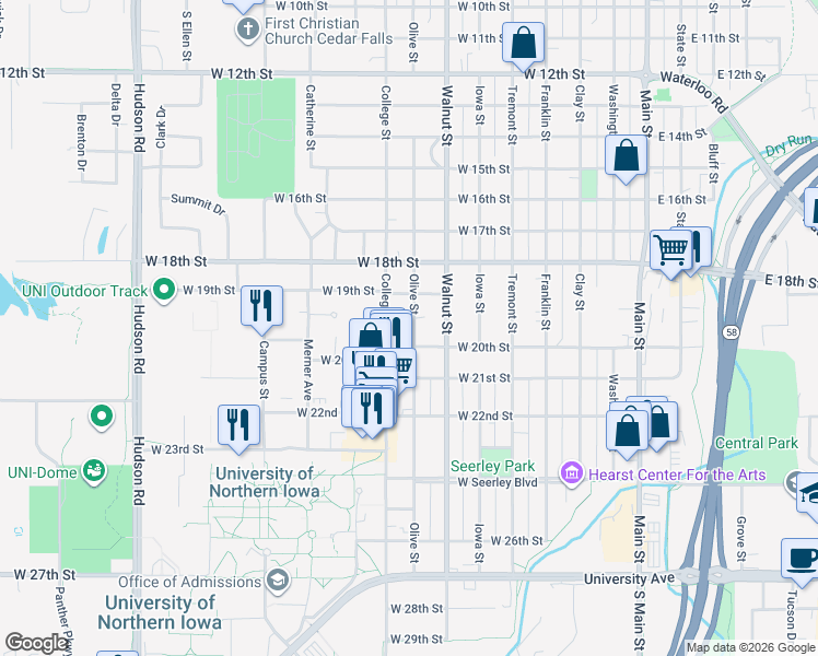 map of restaurants, bars, coffee shops, grocery stores, and more near 1924 College Street in Cedar Falls