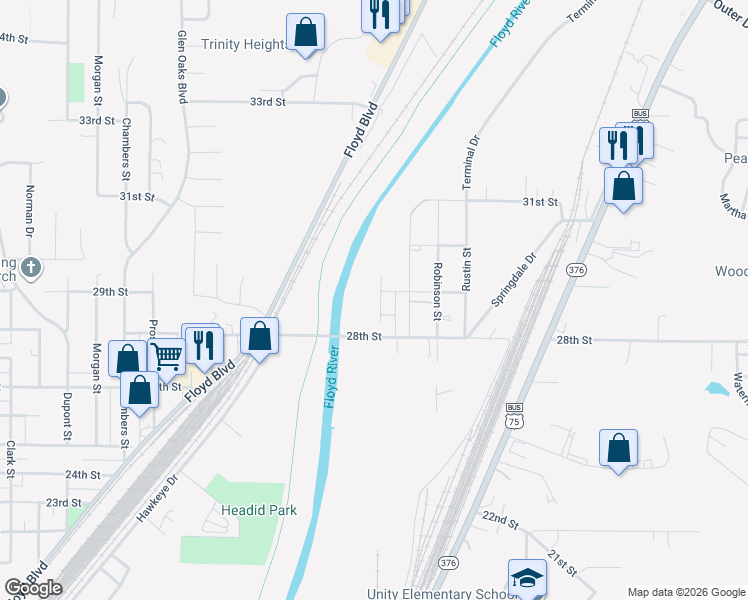 map of restaurants, bars, coffee shops, grocery stores, and more near 2700-2798 29th Street in Sioux City