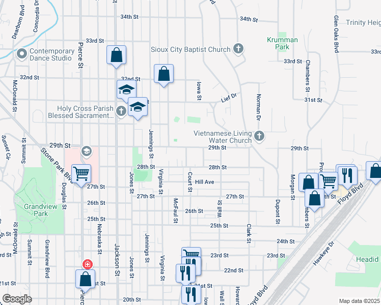 map of restaurants, bars, coffee shops, grocery stores, and more near 1100-1198 29th St in Sioux City