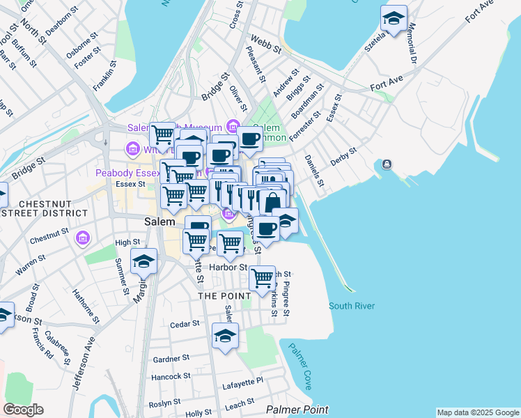 map of restaurants, bars, coffee shops, grocery stores, and more near 225 Derby Street in Salem