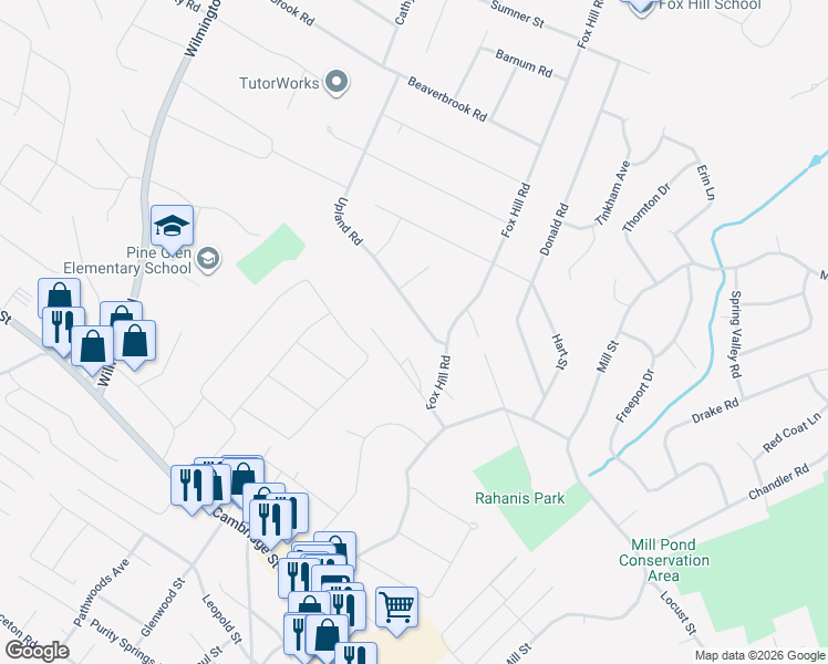 map of restaurants, bars, coffee shops, grocery stores, and more near 53 Upland Road in Burlington