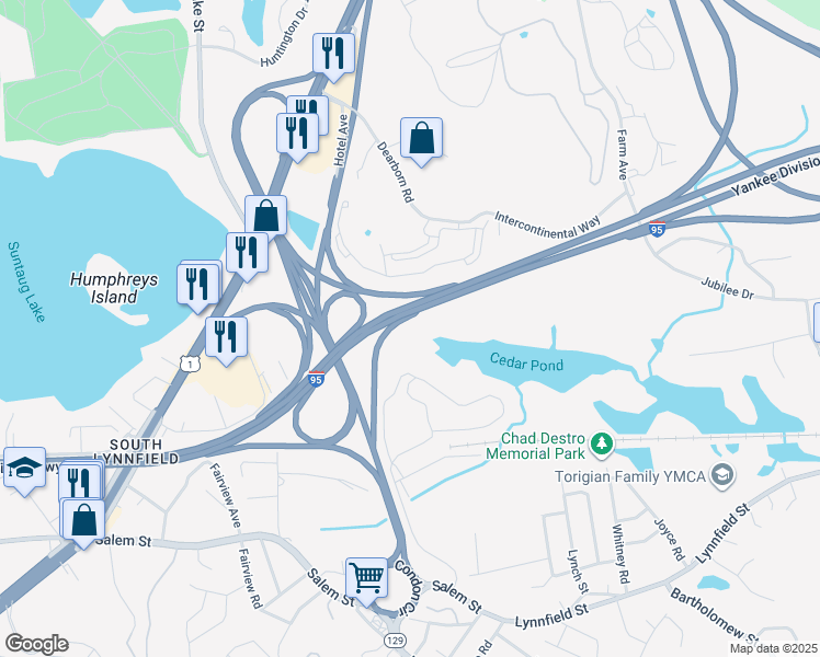 map of restaurants, bars, coffee shops, grocery stores, and more near 7 Silver Leaf Way in Peabody