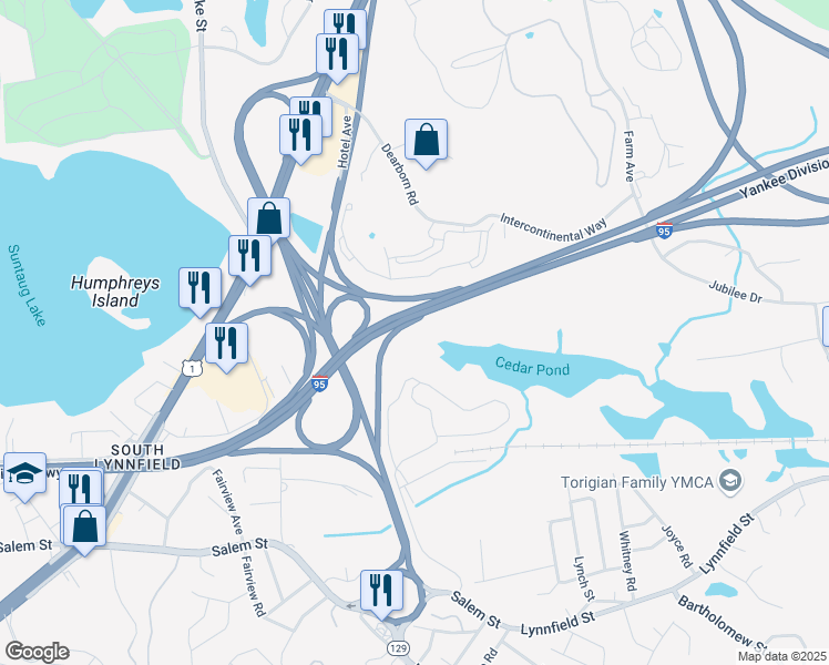 map of restaurants, bars, coffee shops, grocery stores, and more near 1100 Salem Street in Lynnfield