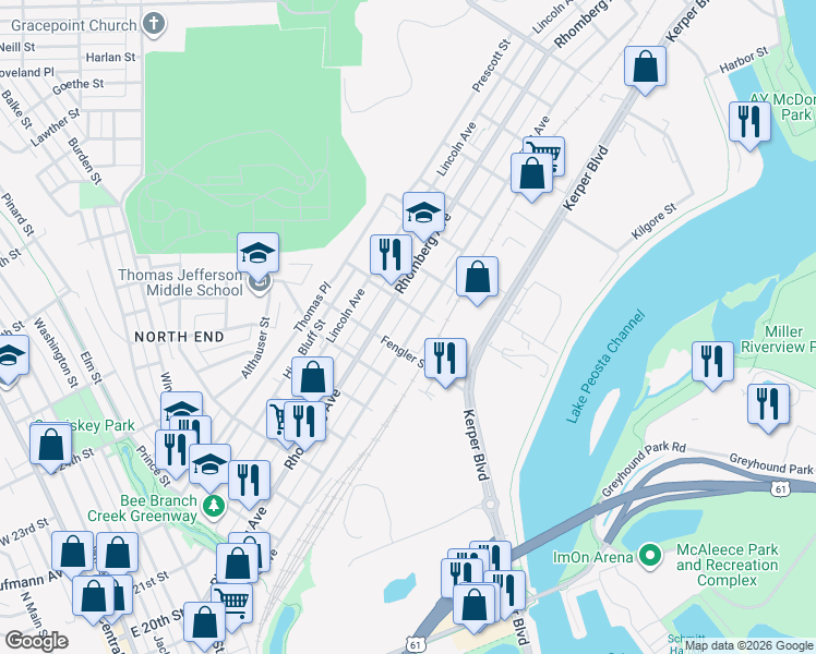 map of restaurants, bars, coffee shops, grocery stores, and more near 1211 Garfield Avenue in Dubuque