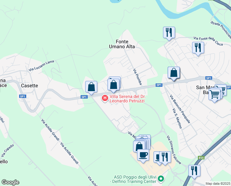 map of restaurants, bars, coffee shops, grocery stores, and more near 54 Via Leonardo Petruzzi in Fonte Umano-San Martino Alta