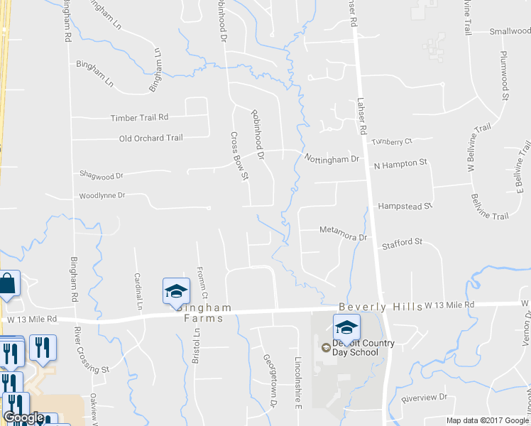 map of restaurants, bars, coffee shops, grocery stores, and more near 31646 Robinhood Drive in Beverly Hills